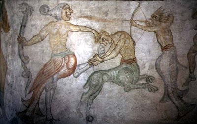 En kamp mellan satyrer och andra mytologiska varelser (fresk) av Italian School