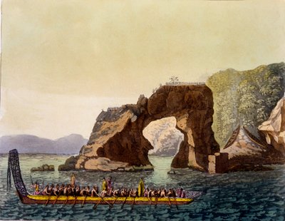 En Maori-befäst utsiktsplats i Nya Zeeland, kombinerad med Maori War Canoe, 1820-30-tal (handfärgad akvatint) av Italian School