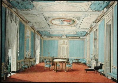 Interiör av ett nyklassiskt palats i Neapel, ca 1830 (gouache och akvarell med guldförhöjning på papper) av Italian School