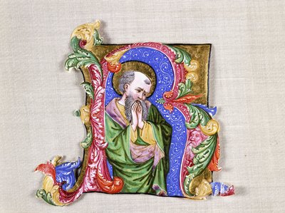 A Praying Saint, en stor historisk initial R, ca 1400 (historierad initial, klippt från en antifonal på veläng) av Italian School
