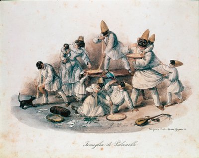 En familj av pulcinella (polichinelle) karaktär av commedia dell