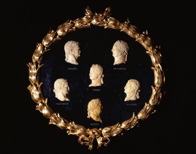 En uppsättning av sex reliefprofiler i italiensk Siena-marmor av romerska kejsare, inskurna med namnen Octavius, Galbin, Titus, Claudius, Julius och Nero av Italian School
