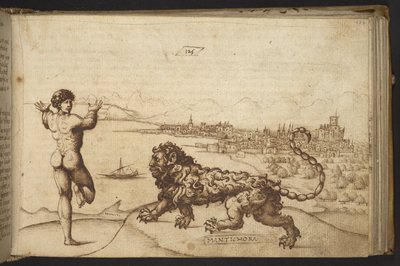 Lägg till. 82955, f.124 Människofigur och en varelse (