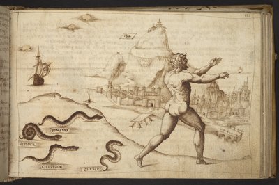 Lägg till. 82955, f.133   Ormar som jagar en mänsklig figur.  , från Historia Animalium, (bestående av 245 ritningar med penna och bläck av olika djurarter och mytiska varelser, var och en åtföljd av en beskrivning.)    1595 av Italian School