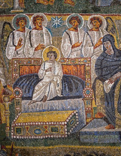 Tillbedjan av Magi, detalj av Kristus omgiven av änglar (mosaik) av Italian School