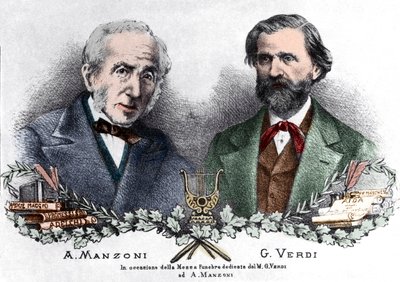 Alessandro Manzoni och Giuseppe Verdi med anledning av Messa da Requiem (färgad gravyr) av Italian School