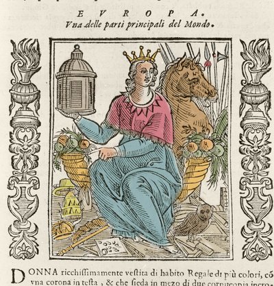 Allegori över Europa i form av en rikt klädd kvinna, krönt, omgiven av överflödshorn. Tallrik tagen från "" Iconologia"" av Cesare Ripa (1550 ca 1622) av Italian School