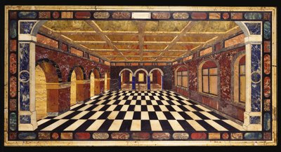 En italiensk pietre dure bordsskiva i marmor som skildrar en interiörscen av ett vikande arkadgalleri av Italian School