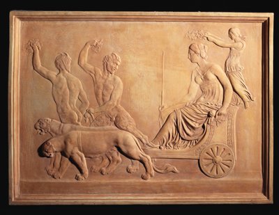 En italiensk reliefpanel i terrakotta som föreställer Ariadnes triumf, visad i Bacchus" panterdragen vagn med Silenus och Pan tittade på, ca 1870 av Italian School
