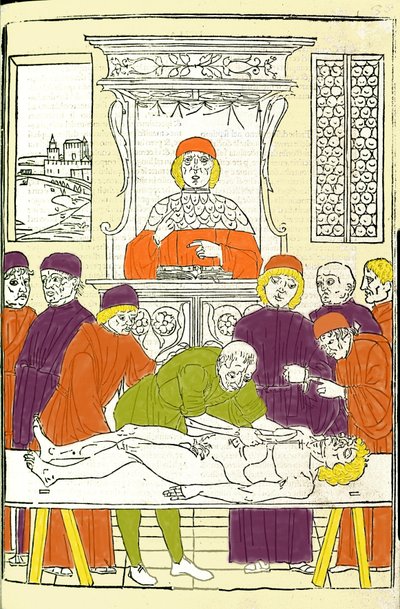 Anatomisk dissektion. Gravyr från en behandling av medicin av Gerolamo Cardano (Cardano) (Cardanus Hieronymus), Florens av Italian School