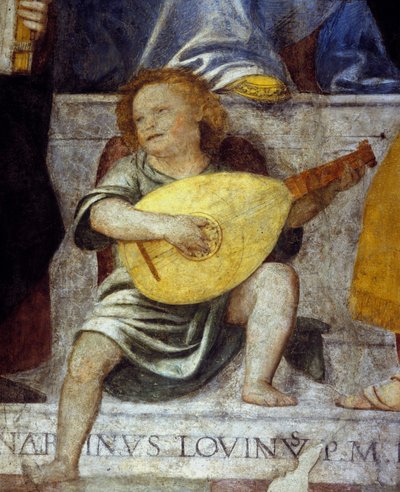 Ängelmusiker som spelar lut. Detalj av en fresk från 1600-talet från en kyrka i Milano. av Italian School