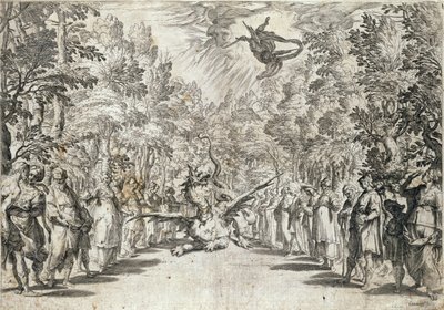 Apollo på väg att attackera pytonslangen, från La Pellegrina av Girolamo Bargagli, graverad av Carracius av Italian School