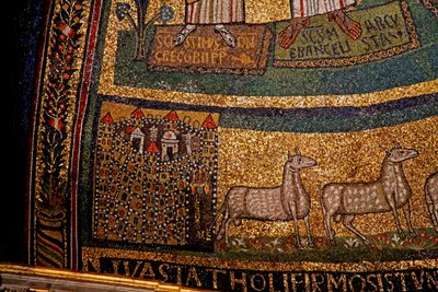 Absiddetalj, Jerusalem och får (mosaik) av Italian School