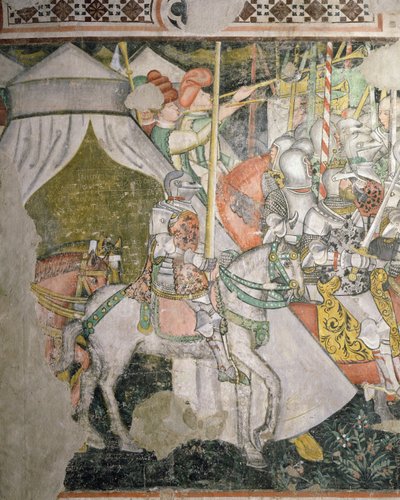 Armé till häst, detalj av en stridsscen (fresk) av Italian School