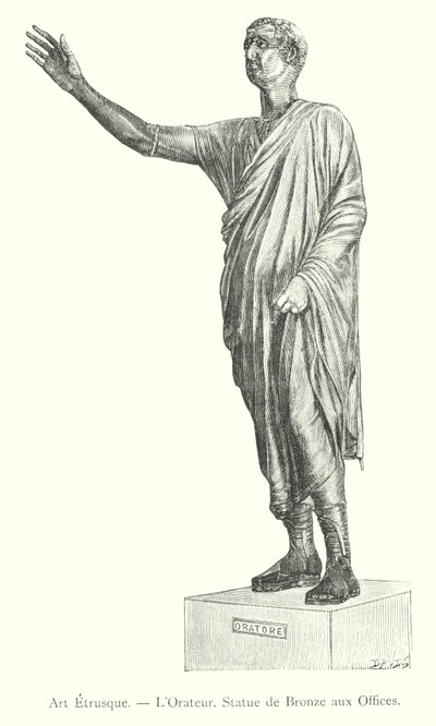 Etruskisk konst, Oratorn, bronsstaty vid Uffizi (gravyr) av Italian School