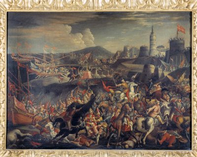 Attack av saracenerna på ön Malta, försvarad av riddarnas sjukhuslärare 1565 av Italian School