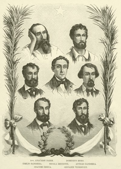 Avv Anacarsi Nardi, Domenico Moro, Emilio Bandiera, Nicola Ricciotti, Attilio Bandiera, Giacomo Rocca, Giovanni Venerucci (gravyr) av Italian School