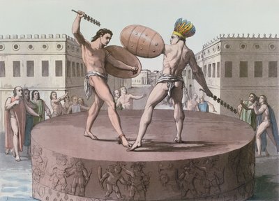Aztekiska krigare i strid på en Cuauhxicalli, ca 1820 av Italian School