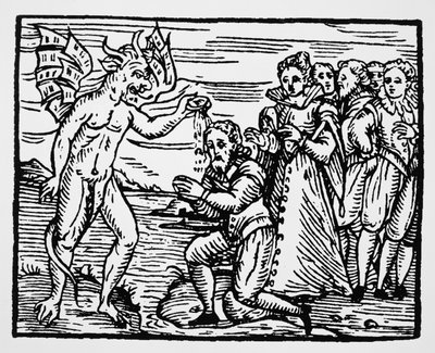 Baptism by the Devil, kopia av en illustration från Compendium Maleficarum av Fr M Guaccius, Milano 1608, använd i History of Magic, publicerad i slutet av 1800-talet av Italian School