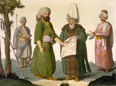 Bascia (militär befälhavare) en Bascia i stridsklänning, Bascias kroppsvakt och sida, plåt 18 från del III, volym I av Nationernas historia, graverad av D.K. Bonatti (akvatint) av Italian School