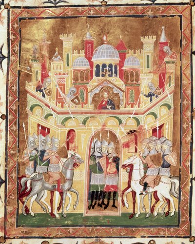 Stridsscen vid Jerusalems murar, från Descriptio Terrae Sanctae av Burcardus Theutonicus eller Burchard of Mount Sion av Italian School