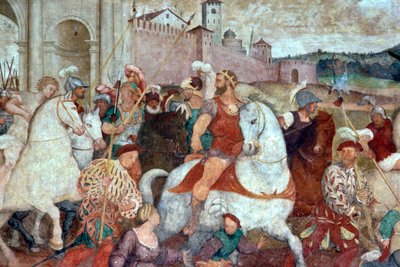 Stridsscenen utanför stadsmuren, ca 1460-talet (fresk) av Italian School