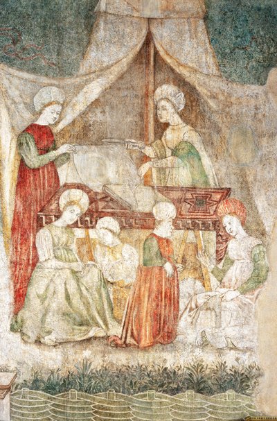 Bicocca degli Arcimboldi: fresk från 1400-talet, detalj av skärning av tyger och en dvärg (fresk) av Italian School