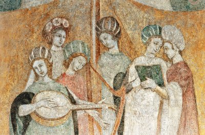 Bicocca degli Arcimboldi: fresk från 1400-talet, detalj av kvinnor som spelar musik (fresk) av Italian School