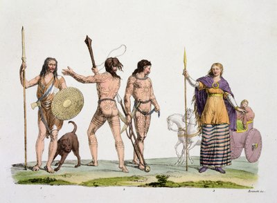 Britter, kaledonier och drottning Boadicea, skylt 4 från The History of the Nations (akvatint) av Italian School