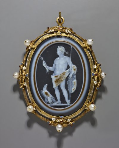 Cameo porträtterar en romersk kejsare som Jupiter, Cameo: Roman, A.D. 41–-54, Ram: Italiensk, sent 1500-tal (cameo: sardonyx; ram: guld, emalj och pärlor) av Italian School