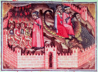 Canto XVII Fyra sodomiter: Dante och Vergilius rider på ryggen av Geryon in i bedragarnas cirkel, från den gudomliga komedin (inferno), ca 1313 av Italian School