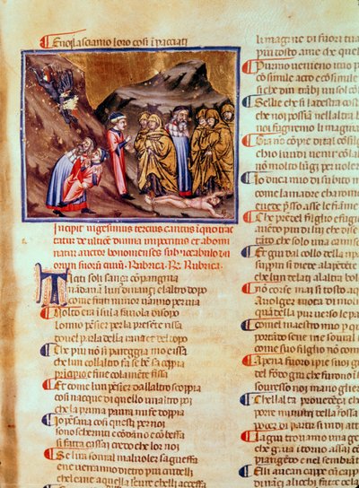 Canto XXIII Dante och Vergilius i hycklarnas krets, med Kaifas korsfäst på marken, från den gudomliga komedin (inferno), c.1313 av Italian School
