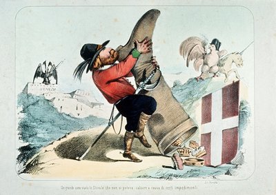 Karikatyr av Giuseppe Garibaldi som tömmer en känga (Italien) full av kronor, av Litografia Perrotta av Italian School
