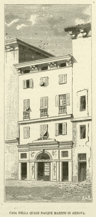Hus där Mazzini föddes i Genua (gravyr) av Italian School
