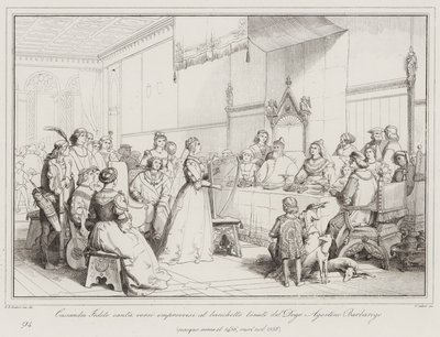 Cassandra Fedele sjunger plötsliga verser vid banketten som hålls av Doge Agostino Barbarigo ... (gravyr) av Italian School