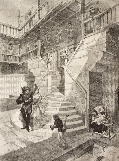 Slottsgård, medeltida by i Turin, Italien, gravyr av Bonamore från L