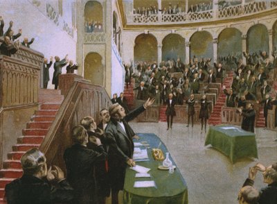 Cavour får det första italienska nationella parlamentet att applådera kung Victor Emmanuel II (1820-78) den 18 februari 1861, illustration från ett album om Risorgimentos historia gjord för chokladen av Italian School