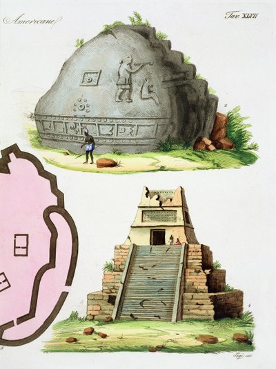 Centralamerikanska antikviteter, detalj av två pyramider, skylt 47 från 
