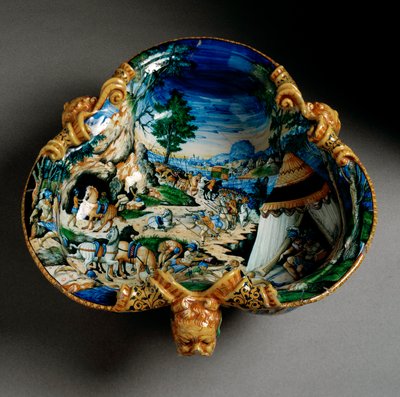 Keramisk kopp i form av en trefle dekorerad av representationen av Hannibal under korsningen av Alperna producerad i Urbino i verkstaden Fontana, Italien. 1550 runt Florens, Museo Nazionale del Bargello av Italian School