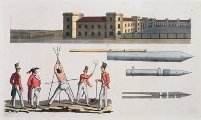 Chatham Barracks, ett militärt straff kallat Triangle and Congreve Rockets, skylt 17 från The History of the Nations (akvatint) av Italian School