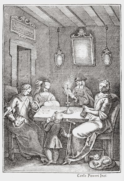 Chiaqlira läser berättelser för en syfest, framsidan av The Pentamerone of Giambattista Basile, 1742 av Italian School