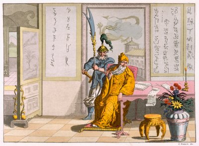 Kinesiska taoistiska religiösa ledare: The Divinity Kuan-ti, graverad av Fumagalli och Bramatti, c.1820-30 (färggravyr) av Italian School