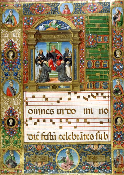 Körminiatyr med St. Benedictus som predikar för munkar (pigment på veläng) av Italian School