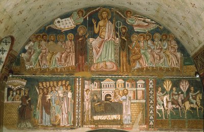 Kristus tronade mellan Jungfrun, Johannes Döparen, apostlarna och två änglar av Italian School