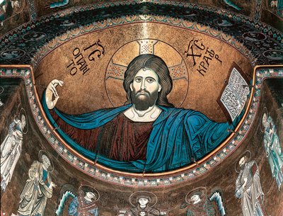 Kristus pantokrator eller Kristus i ära, dekorerar absiden av katedralen i Monreale, Sicilien, Italien av Italian School