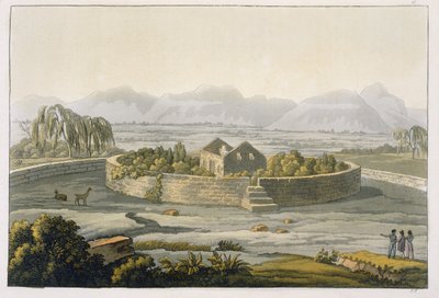 Cirkulär fästning i Cannar, Peru, från Le Costume Ancien et Moderne, Volym II, plåt 1, av Jules Ferrario, publicerad ca 1820-30-talet av Italian School