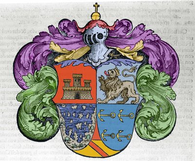 Vapensköld av navigatören Christopher Columbus (1451-1506): de fyra delarna av ecu representerar överst staden Kastilien och León, nedanför de avtäckta öarna och admirautens symbolankare. Gravyr från boken "" Navigationi och Viaggi"" av Italian School