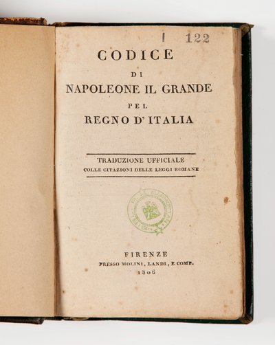 Napoleon den stores kod för kungariket Italien, öppen på titelsidan, publicerad Firenze, Molini, Landi et Cie, 1806 (tryckt papper) av Italian School