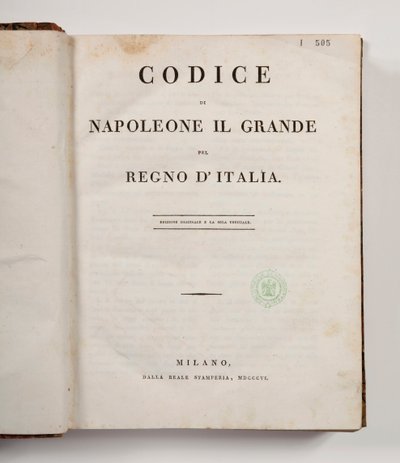 Napoleon den stores kod för kungariket Italien, öppen på titelsidan, publicerad Milano, dalla reale Stamperia, 1806 (tryckt papper) av Italian School
