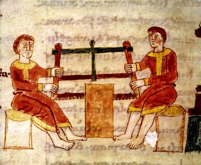 Codex 132 Livre 14 Kap.25 Två män som sågar trä, från De Universo av Rabanus Maurus (c.780-856) 1023 av Italian School